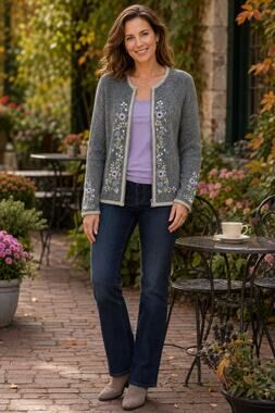 Dressbarn Silk Angora Cardigan M Gray Floral Embroidered Zip Cottagecore